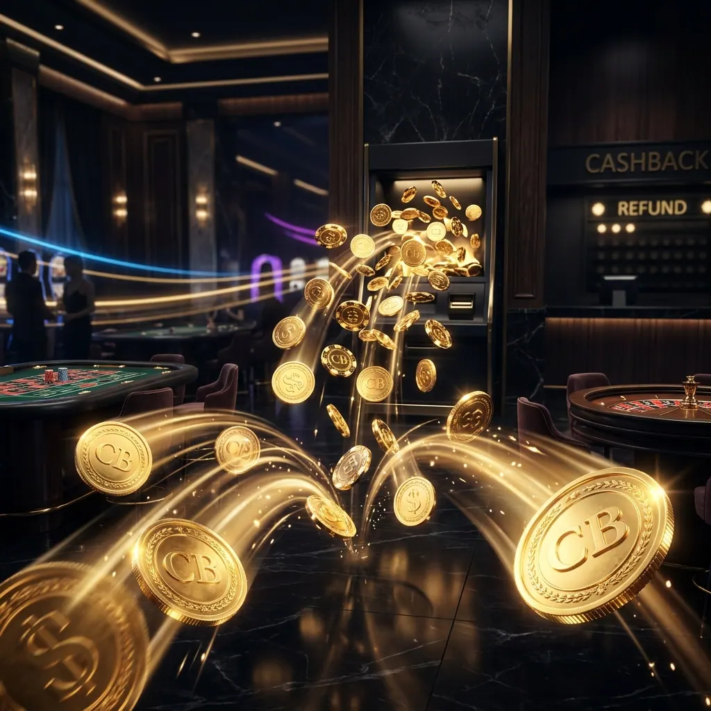 Kayıp bonusunu (cashback) anlatan casino lobisi ve akan altın madeni paralar illüstrasyonu
