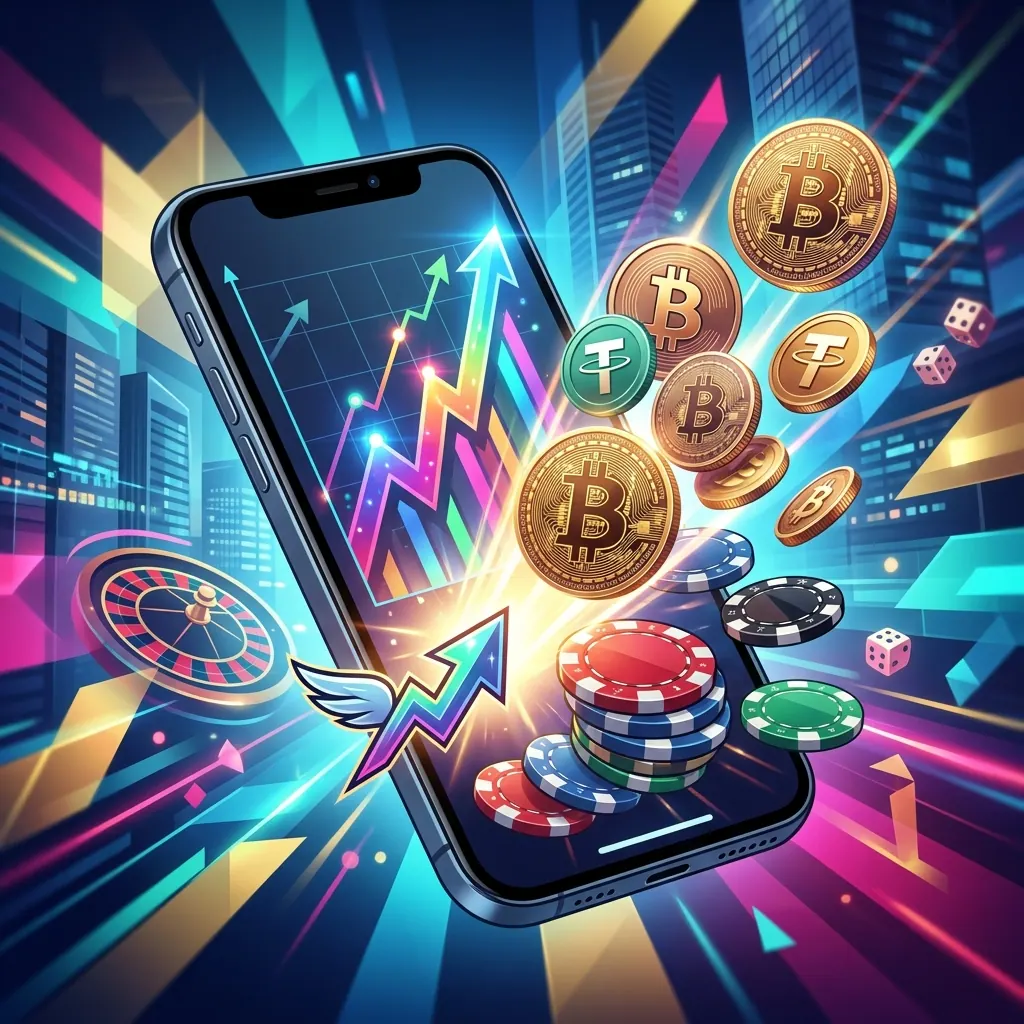 Yatırım bonuslarında ödeme yöntemlerini anlatan telefon, kripto para ve casino çipi illüstrasyonu